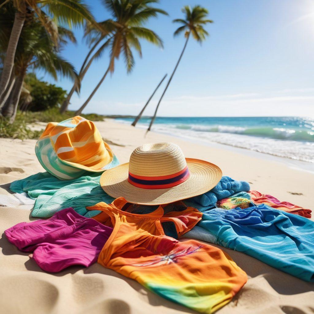 A vibrant beach scene featuring colorful beachwear laid out on a sandy shore, with rolling ocean waves and a bright sunny sky. Include stylish swimsuits, sun hats, and sunglasses, along with beach accessories like towels and flip-flops. A couple is seen enjoying the sun, with palm trees swaying in the background to create an inviting atmosphere. Capture the essence of a perfect beach day. vibrant colors. super-realistic.