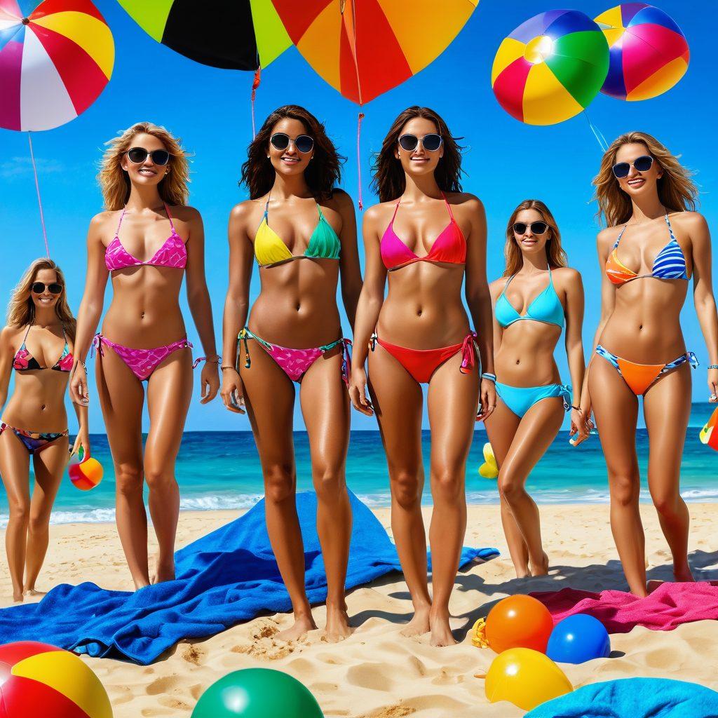 A sun-kissed beach scene showcasing diverse models flaunting the latest thong and bikini styles in bright, vibrant colors. Include beach accessories like colorful towels, stylish sunglasses, and playful beach balls, all under a clear blue sky. Emphasize the fun and lively atmosphere of summer fashion with splashes of water and golden sand. super-realistic. vibrant colors. sunny background.